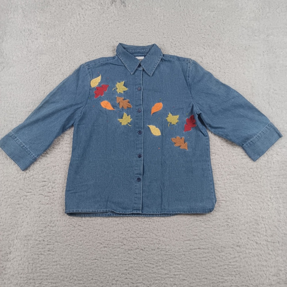Breckenridge Denim Shirt Petite PS Blue Embroidered Fall Leaf Button Down
